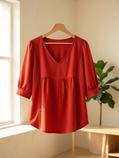 Women'S V-neck Loose-fit Top With Lace Panels; Elegant Design, Three-quarter-length Puff Sleeves, Lace Cut-out Detailing At The Sides, Figure-flattering Cut That Conceals The Tummy; Perfect For Bohemian-inspired Office Wear