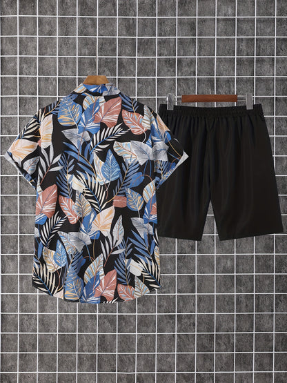 Set of 2pcs: Men'S Summer Short-Sleeve Button-Up Shirt And Shorts.