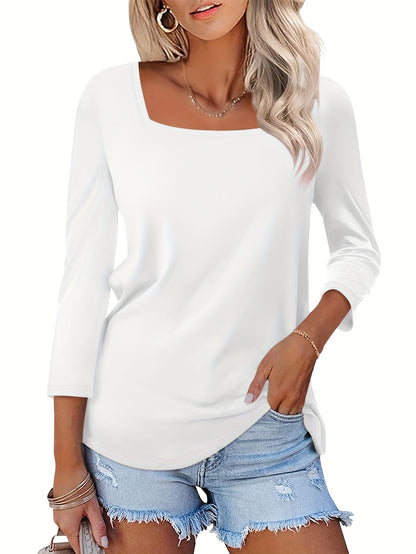 Three-piece Women's Casual Summer Top, 3/4 Sleeve Basic Elegant Square Neck Fashion T-shirt