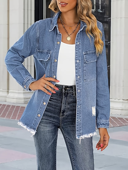 Washed Out Women's Denim Jacket with Pockets; Boyfriend Style; Distressed Look.