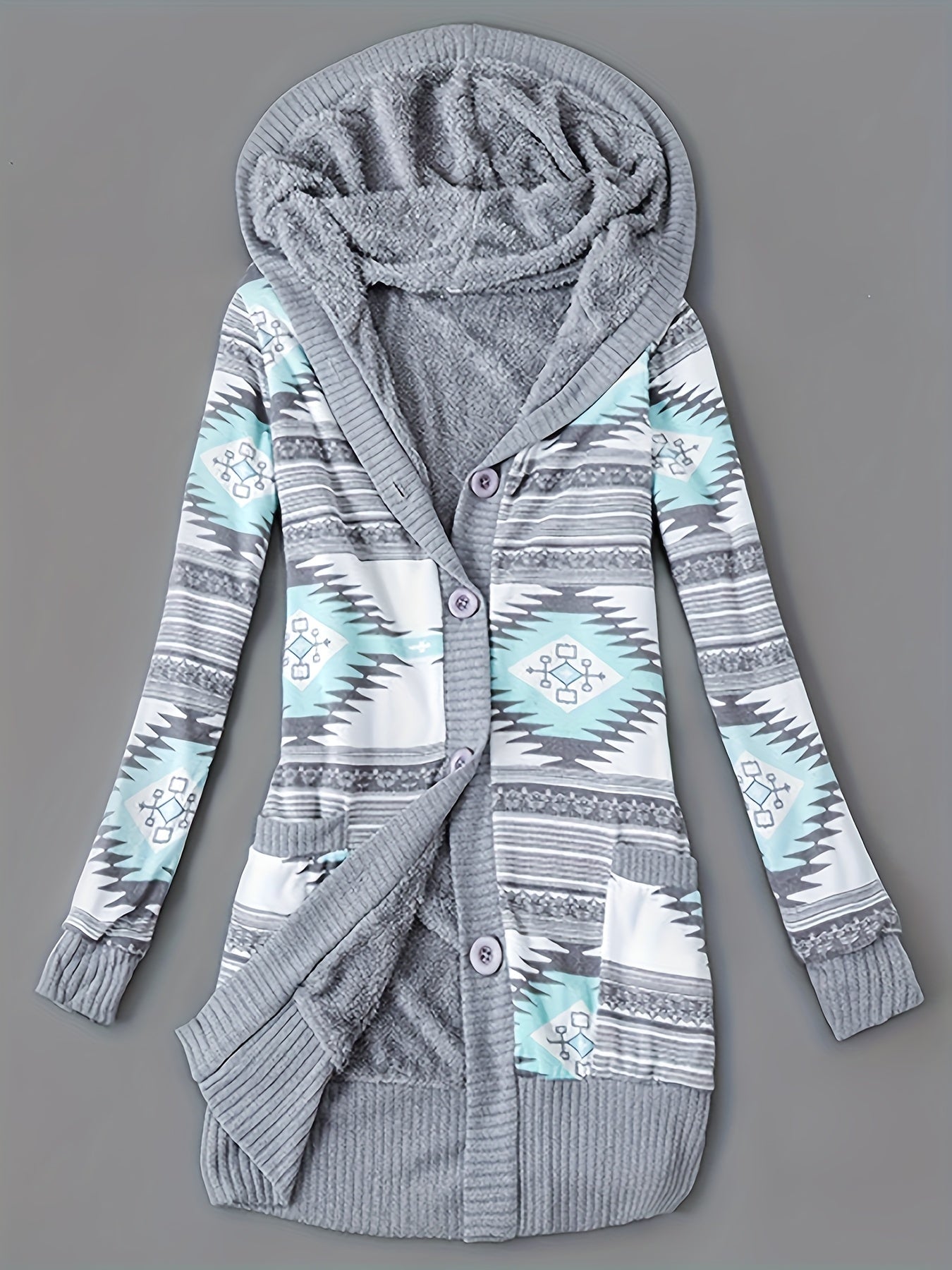 Women'S Fall Winter Casual Hooded Jacket, Warm Fleece Lined Long Sleeve Coat with Geometric Pattern And Colorblock Design
