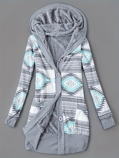 Women'S Fall Winter Casual Hooded Jacket, Warm Fleece Lined Long Sleeve Coat with Geometric Pattern And Colorblock Design