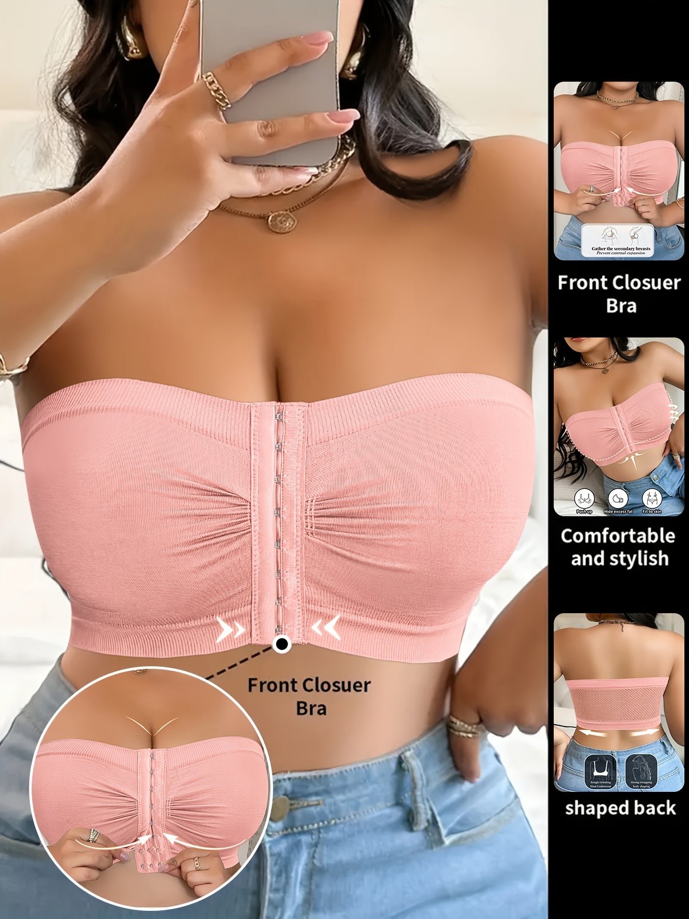 A Strapless Bra for Plus-Size Women Featuring Front Buttons, No Wires, And Designed to Lift And Prevent Sagging, Crafted from a Comfortable And Breathable Blend of Nylon And Elastane