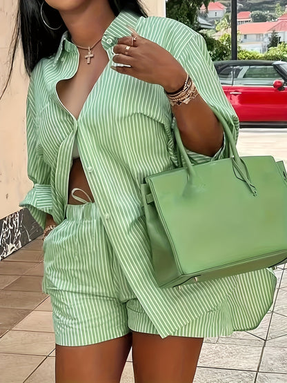 Plus Size Women's Chic Striped Print Two-Piece Set-Long Sleeve Button Shirt and Elastic Waist Shorts with Pockets, Perfect for Spring and Summer Fashion Casual Outings