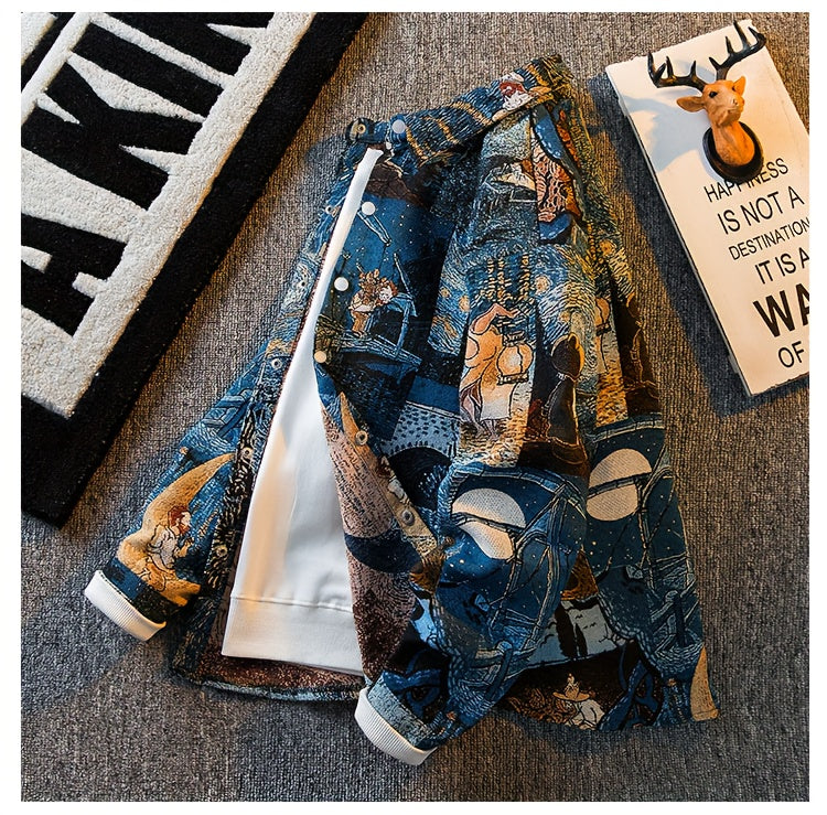 Men'S Slim-Fit Long Sleeve Shirt - Van Gogh-Inspired for Artistic Button-Up Shirt, Formal & Casual Attire, Machine Washable Polyester Blazer - Ideal Gift for Art Lovers, Casual Streetwear, Streetstyle Aesthetic, Versatile Clothing