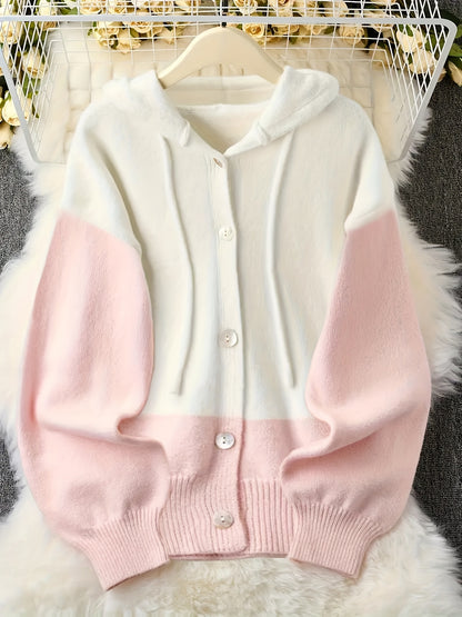Plus Size - Fresh Pink & White Contrast Hooded Cardigan, Cozy Long Sleeve Cardigan with Button Details, Perfect for Fall/Winter
