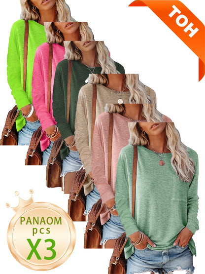 3pcs Women'S Spring And Autumn T Shirt Long Sleeve Chest Pocket Casual Comfort Top