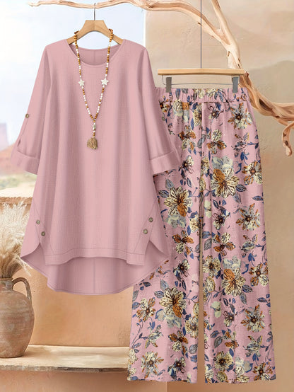 Plus Size, Plus Size - Plus Size - A Stylish 2pcs Ensemble Featuring Oversized Asymmetrical Button-Up Tops for Women, Matched with Printed Wide-Leg Trousers, Radiating Everyday Sophistication