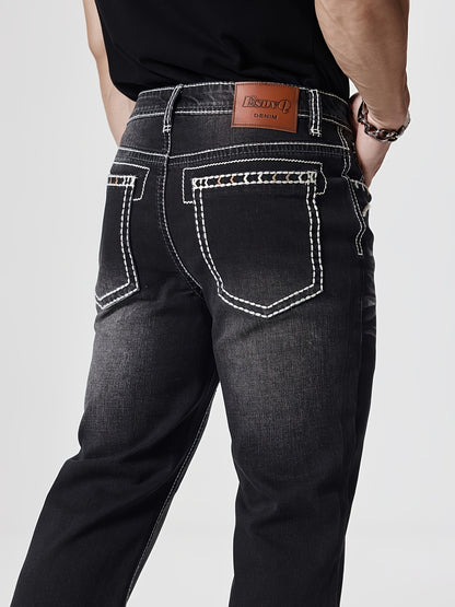 ESDVQ Men's Slim-Fit Classic Washed Denim Bell-Bottom Jeans - Mid-Stretch Machine-Washable Flared Pants with Suitable for All-Season Wear, Comfortable Stretchable Bell-Bottoms for Casual & Dressy Outfits