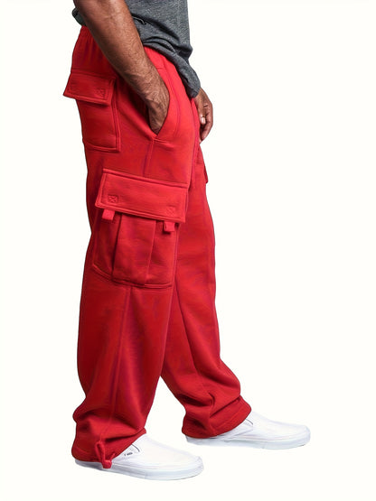 Men Solid Color Sweatpants, Adults Casual Style Cargo Pants with Pockets Drawstring
