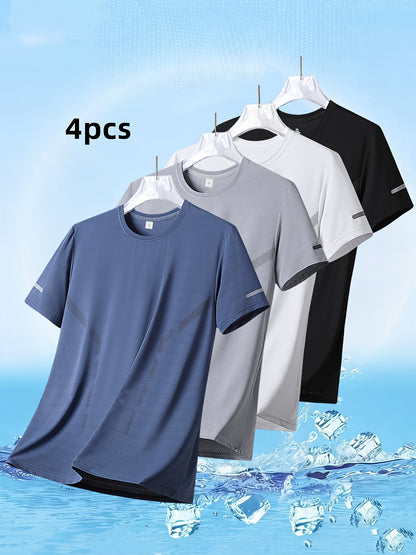 Men'S Quick-Dry Sports T-Shirt 4-Pack - Breathable Moisture-Wicking Round Neck Short Sleeve Top, High Elasticity Cool And Comfortable Quick-Drying Fitness T-Shirt, Summer Casual Sports Breathable Outdoor Top
