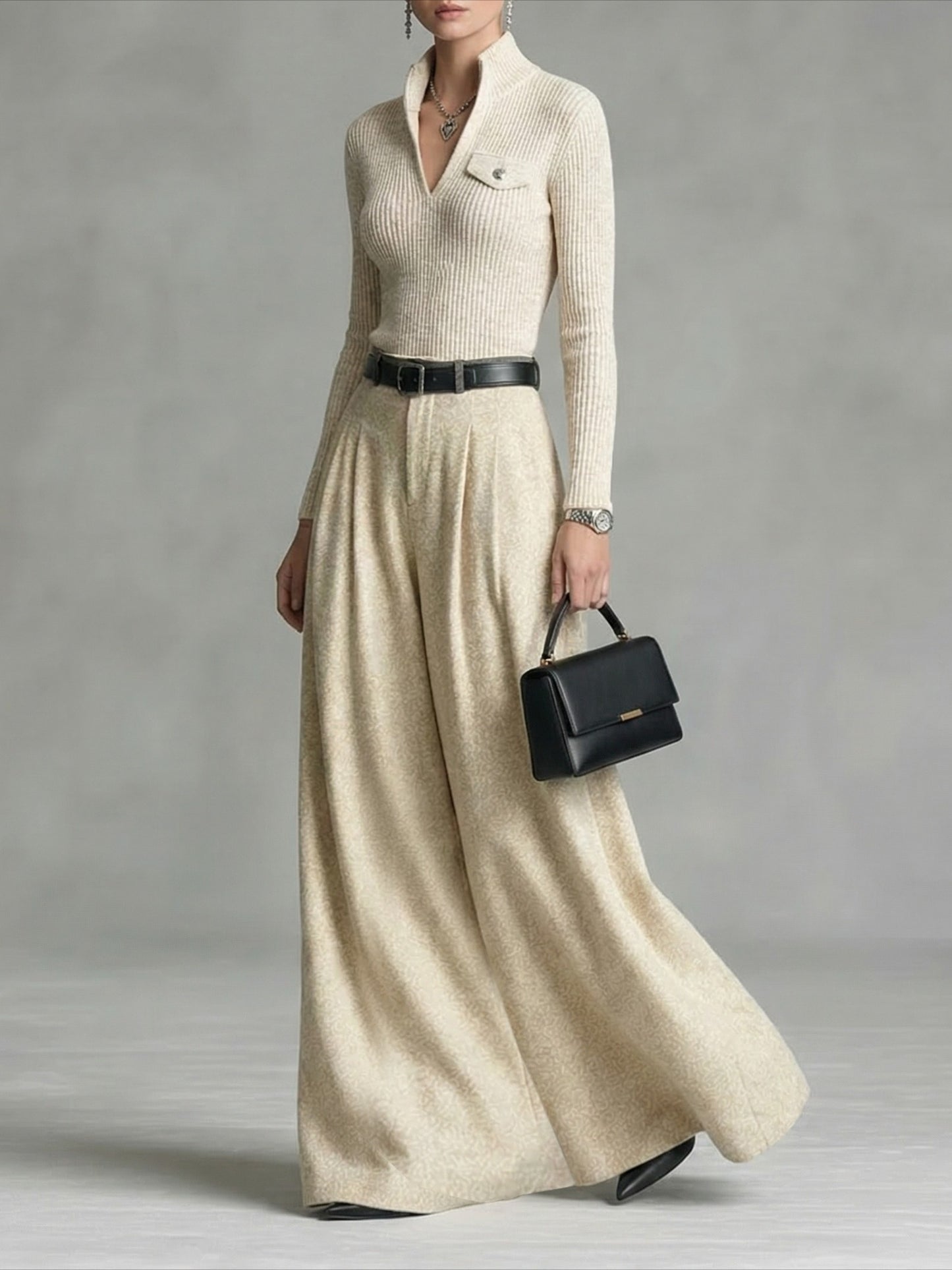 2pcs Set: Women's Grey Ribbed Top + Draped Wide-Leg Long Skirt Set | Relaxed & Luxurious Vibe, Ideal for Citywalk, Casual Gatherings, Spring & Summer, All-Season Styling