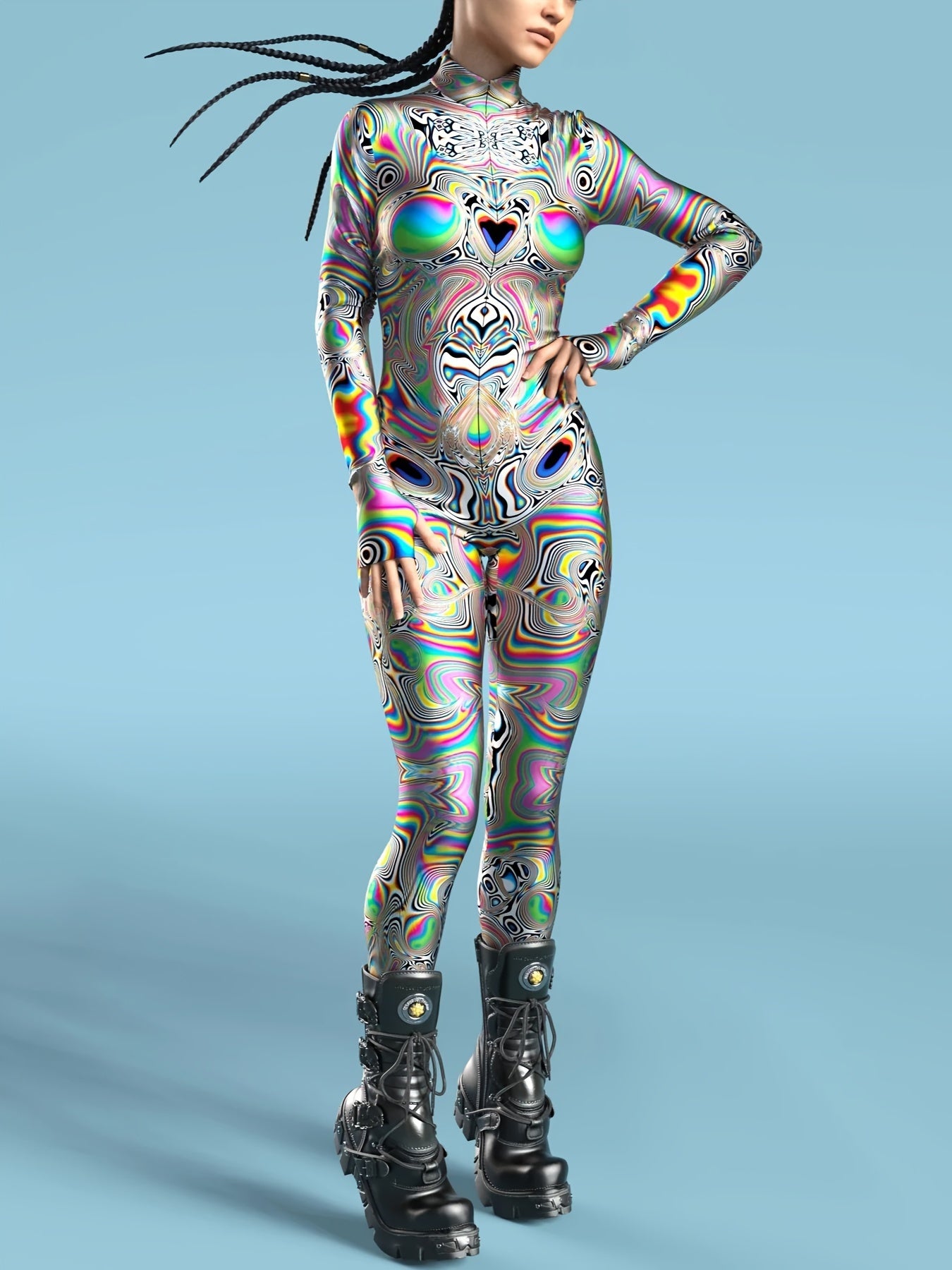 Stretchy Spandex Psychedelic Fractal Print Bodysuit for Women - High-Neck, Long Sleeve, Costume for Halloween & Cosplay Parties