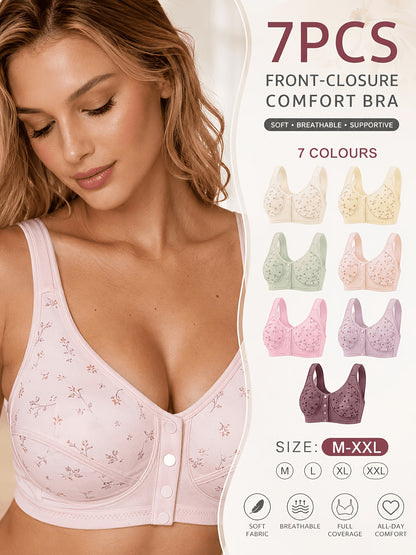 7pcs Seamless Front Button Bra Set - Soft Without Steel Rings, Small Women's Bra, Comfortable And Breathable, Suitable for Daily/yoga/travel/festivals