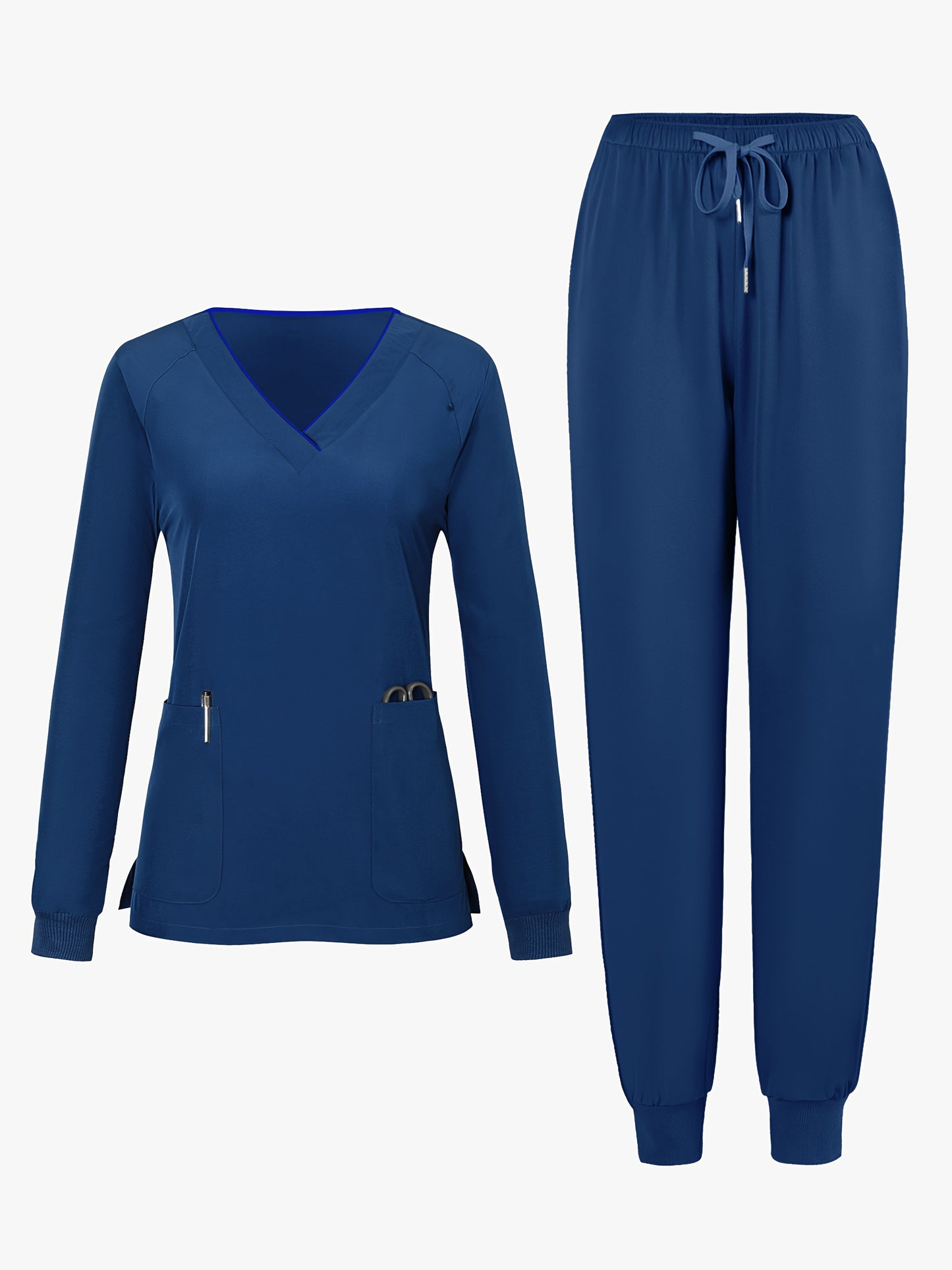 2pcs Women's V-Neck Matte Suit with Long Sleeve Stretch S Uniform Work Clothes Washable Pockets Breathable Elastic Top And Waist Cord Pocket Pants Set