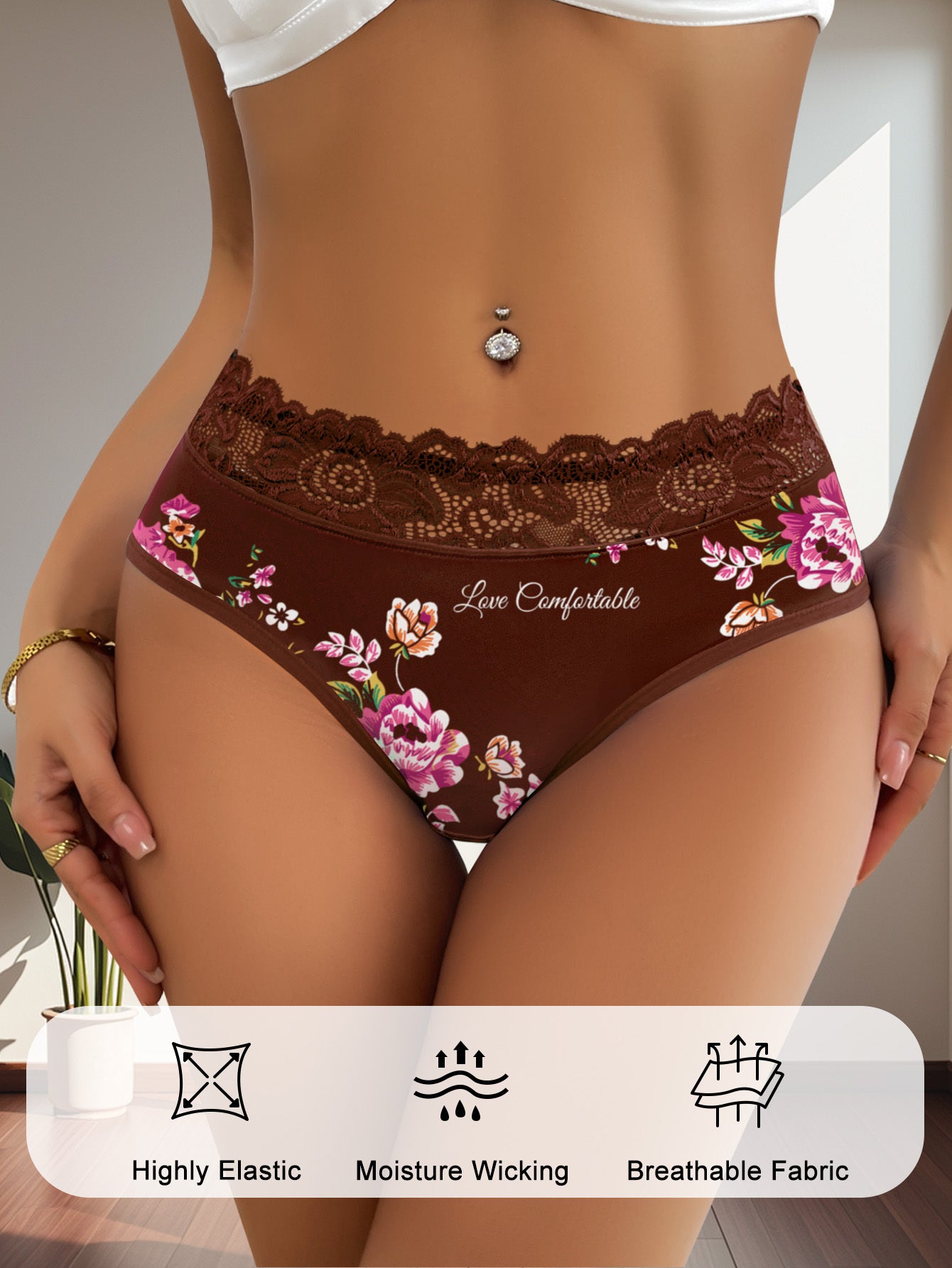 5-Pack Women's Mid-Rise Lace Trim Floral Print Panties Tummy Control Butt Lifting Seamless Invisible Soft Breathable Elegant Briefs for Daily Wear