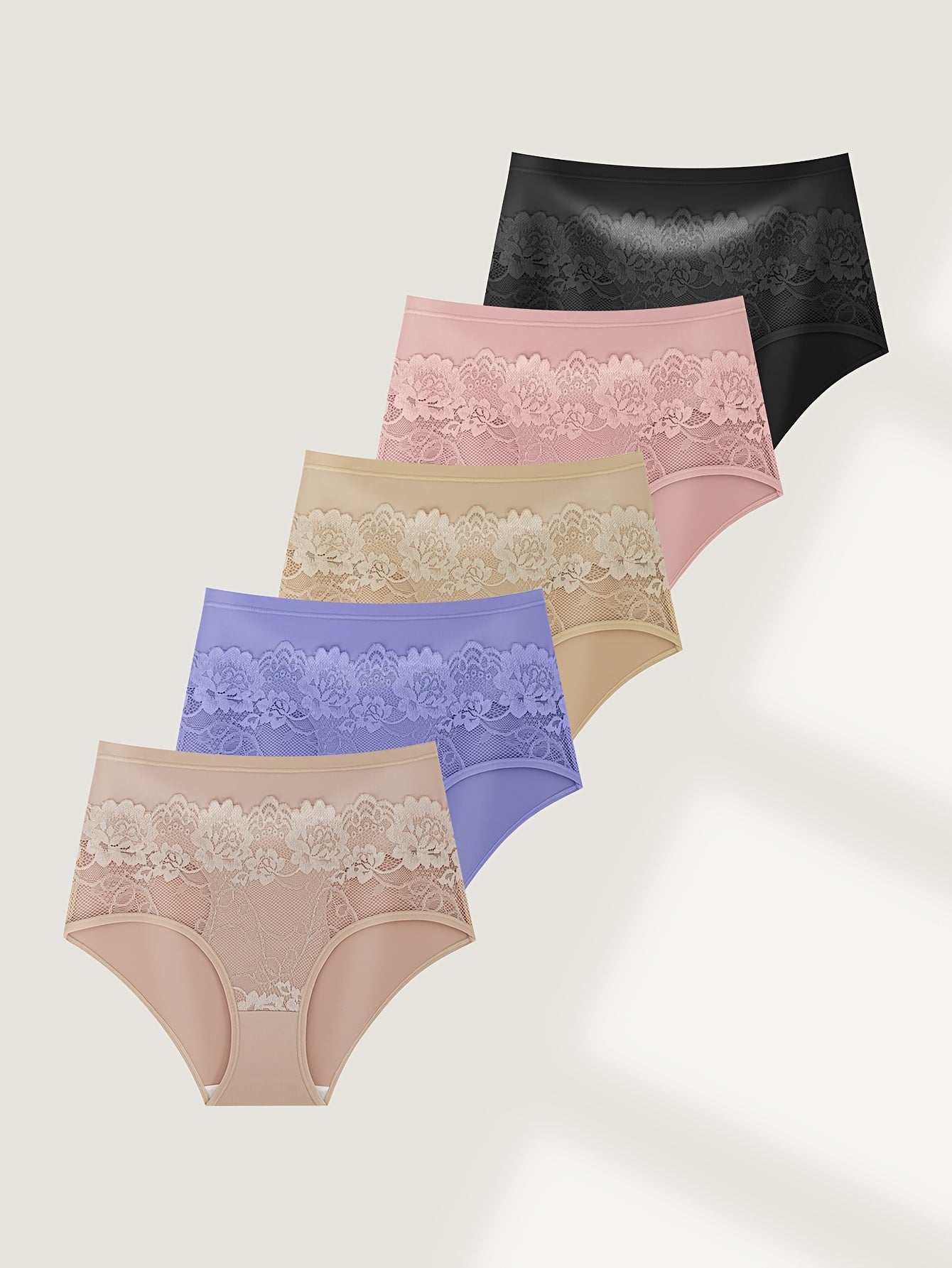 5pcs Women'S High-Waist Panties - Side Lace Patchwork Women'S Panties, Women'S Regular Panties Elegant Women'S High-Waist Panties