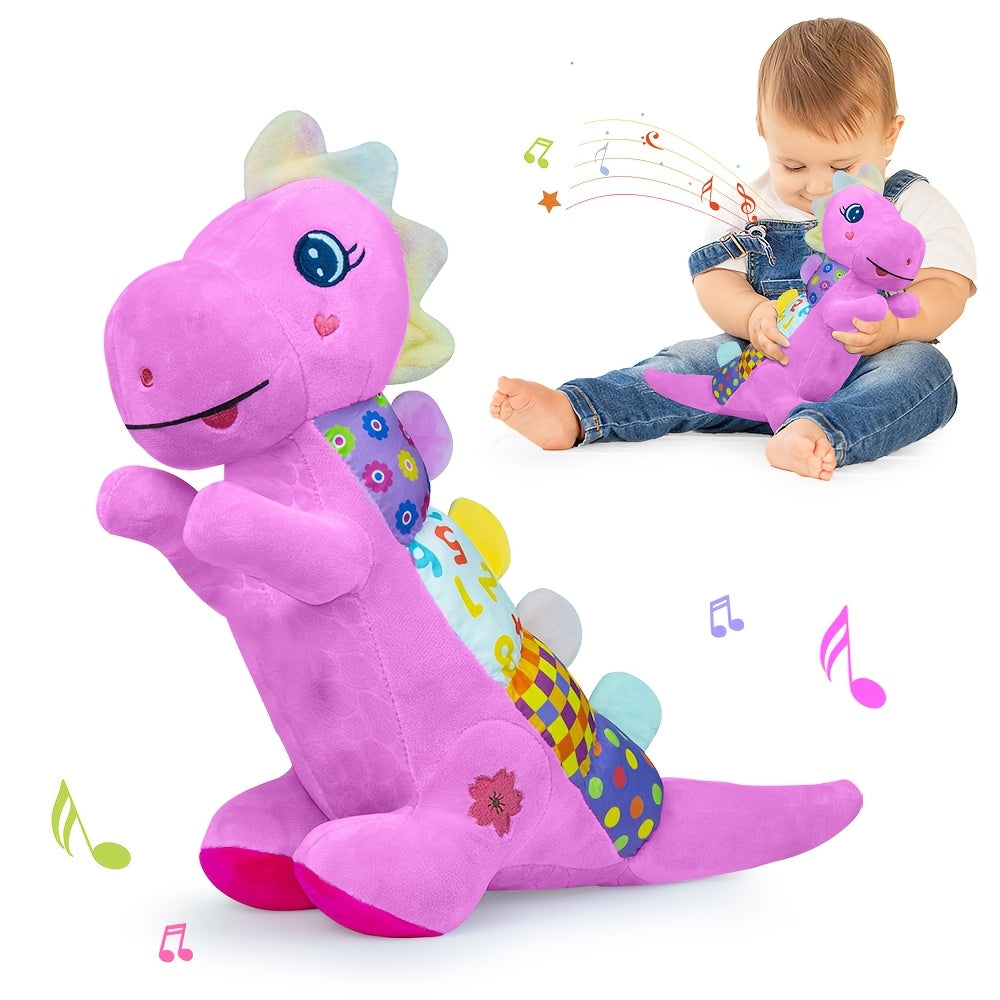 Baby Musical Plush Stuffed Pink Dinosaur Toy with Texture, Crinkle Sound Paper, Squeaky, Rattle, Time Toy for Babies 0-3-6-12+ Months, Great As Easter, Christmas, Halloween And Birthday Gift for Baby Boys And Girls.