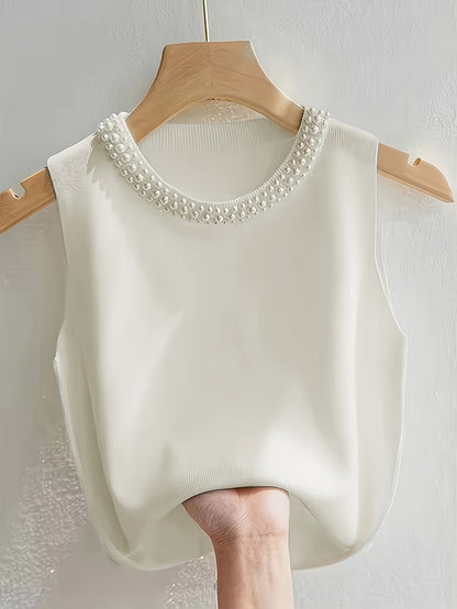 [Plus Size Tank Top] Plus Size - Ladies' Spring/Summer Fashion Nail Bead Solid Color Sleeveless Tank Top Elegant Breathable Large Top