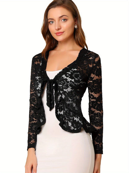 Women's Sheer Crop Bolero Cardigan - Semi-Sheer Lace Shrug with Ruffled Hem & Tie-Front Closure, Blouse for Sleeveless Dresses/Tank Tops (Machine Washable, Spring/Summer Wedding/Office/Cardigan) - 90% Nylon/10% Spandex