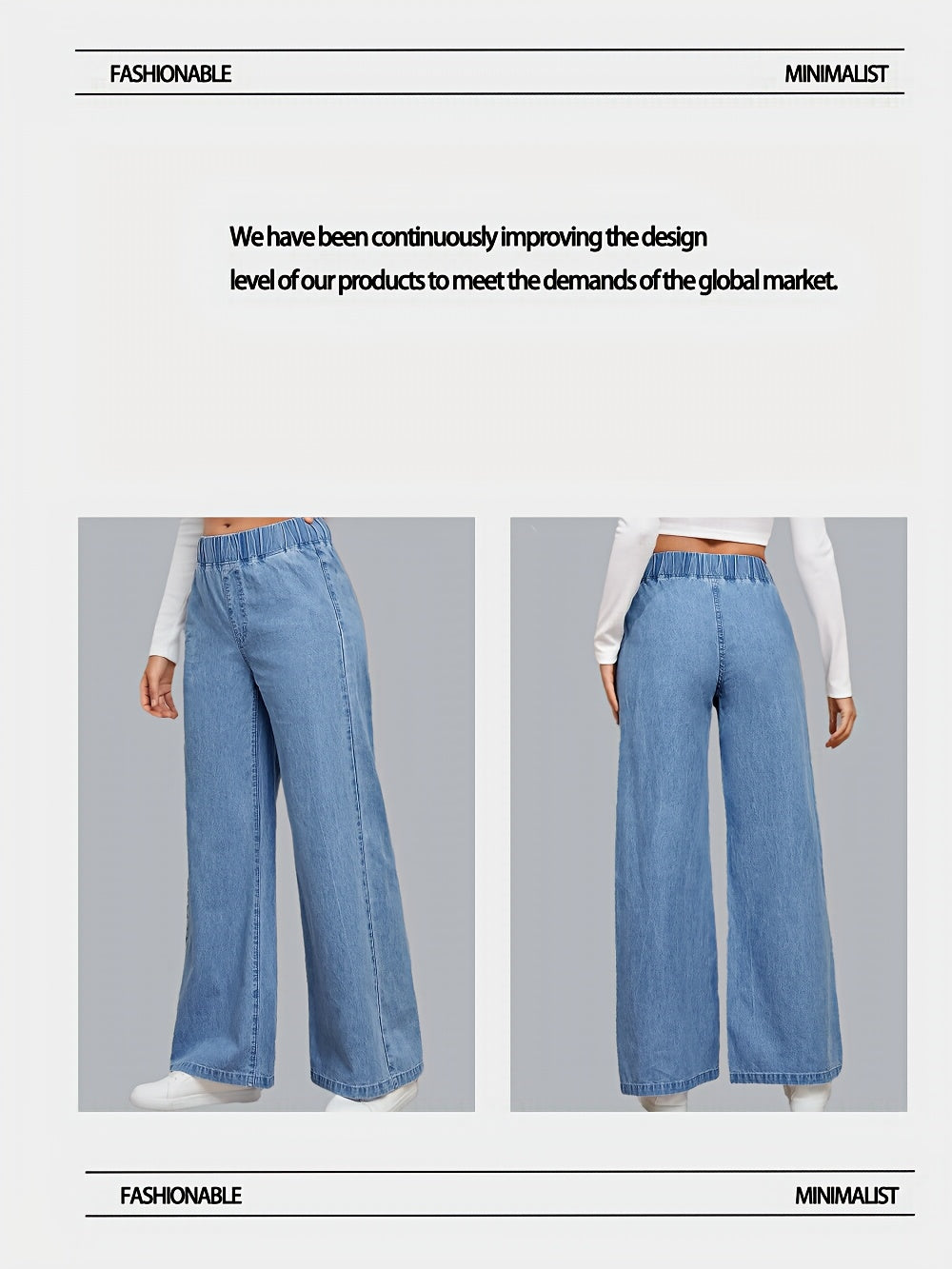 Women's Versatile Mid-blue Casual Stretch Waist Wide-leg Loose Regular Lightweight Denim Jeans