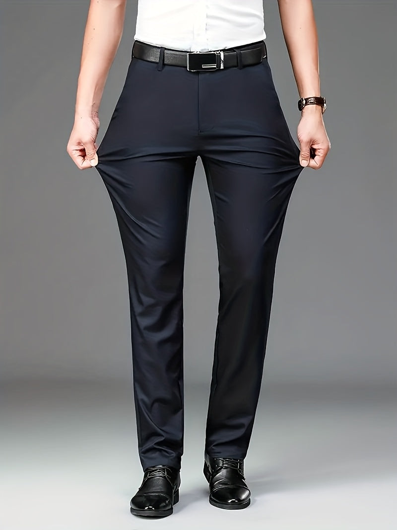 Men's High-elasticity Anti-wrinkle Straight-leg Dress Pants, High-waisted Business Casual Long Pants, Button And Zipper Design, Machine-washable All-season Classic Solid Color Suit Pants, Professional Clothing, Wear-resistant Fabric, Formal Wear