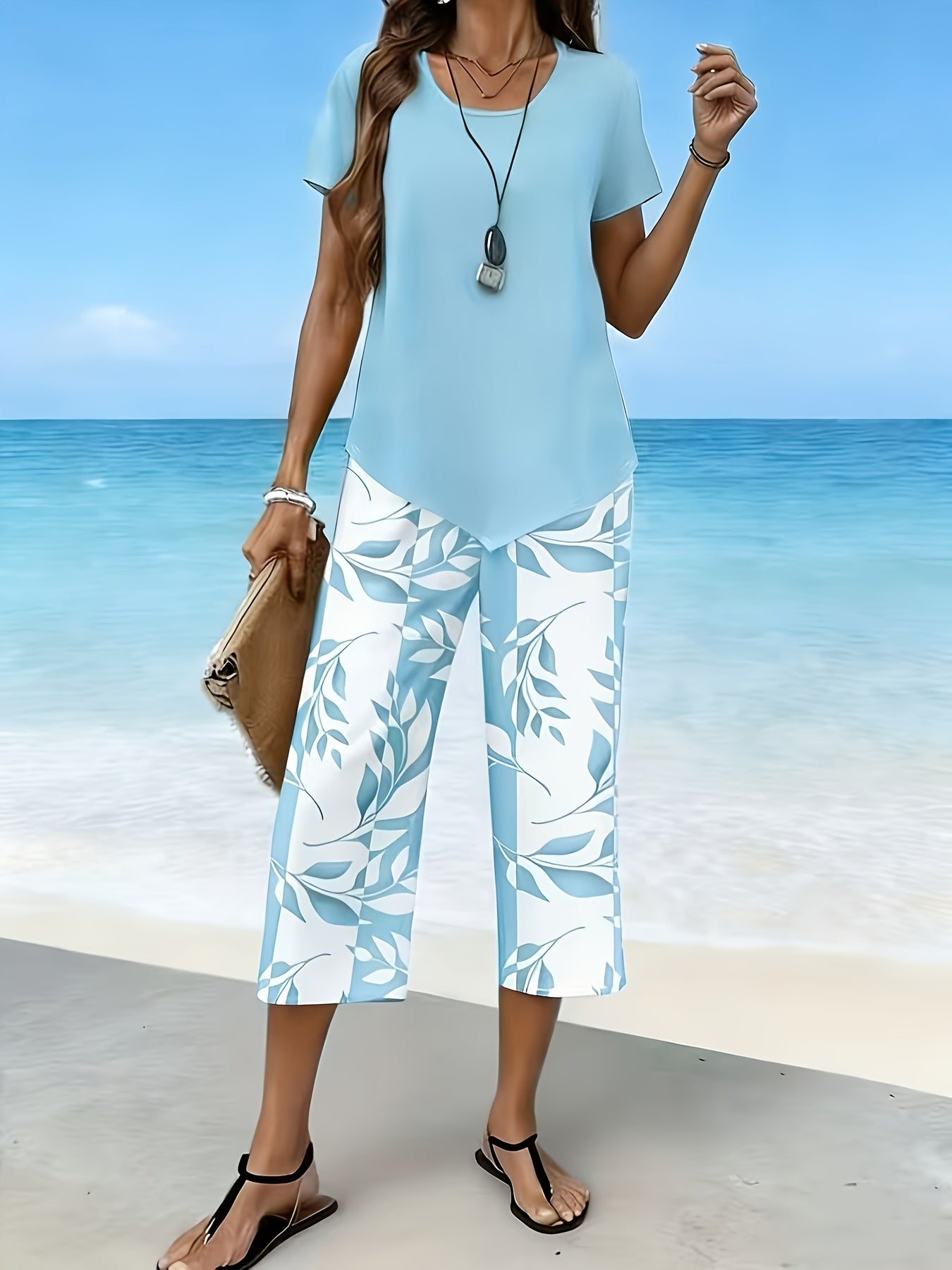 Women'S Spring/Summer Casual Two-Piece Set: Short Sleeve Round Neck Top with 7/8 Wide-Leg Pants, Loose Comfortable, Versatile for Daily Outings, Home, And Commuting