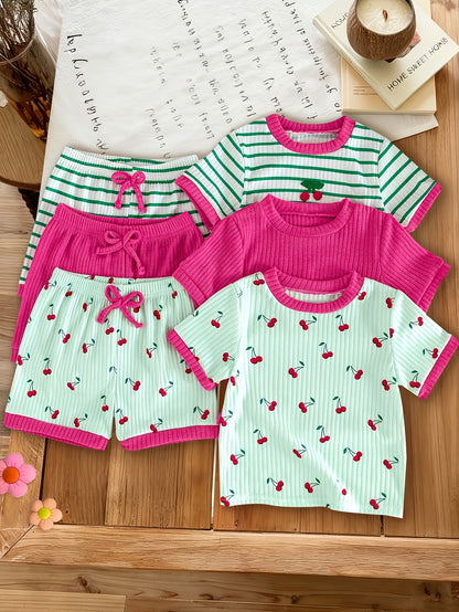 6pcs Set Of Girls' Summer New Cherry Fruit Pattern Short-sleeve And Shorts Comfortable Outfit, Perfect for Outdoor