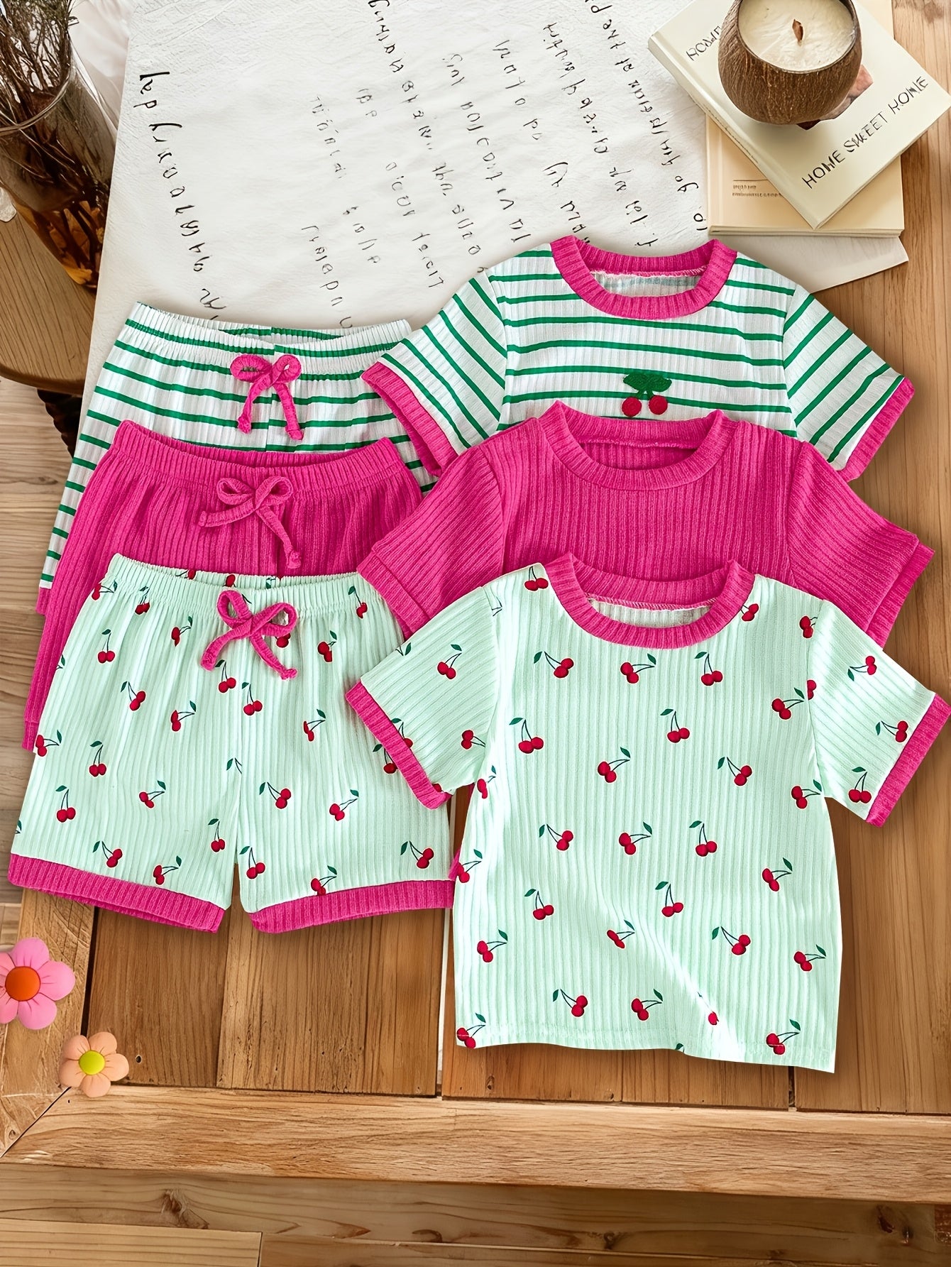 6pcs Set Of Girls' Summer New Cherry Fruit Pattern Short-sleeve And Shorts Comfortable Outfit, Perfect for Outdoor