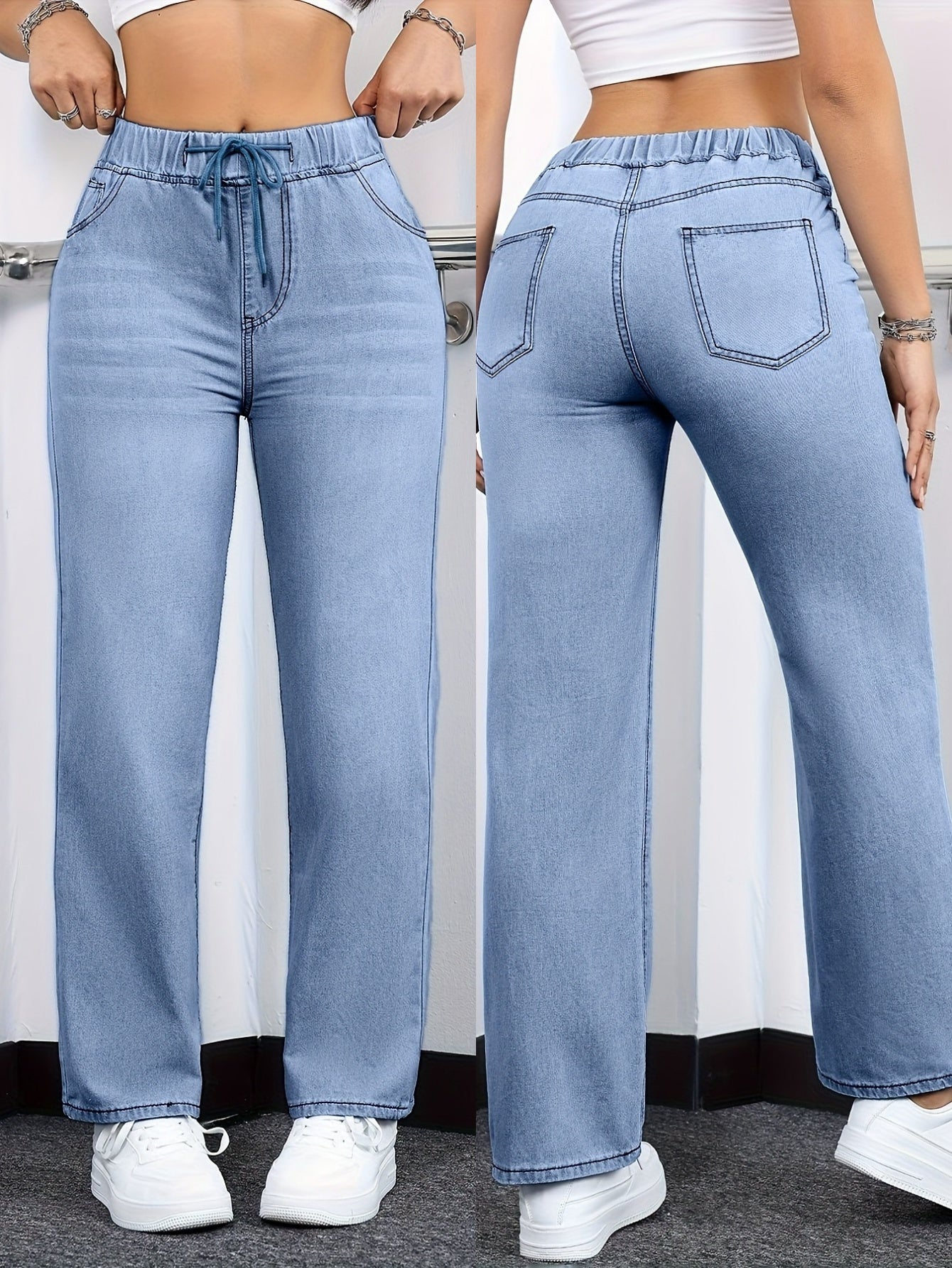 [Drawstring Waist Jeans] Plus Size Women's Drawstring Waist Straight Leg Jeans | High Waist Stretchy Washed Denim | Casual Trendy Comfy Jeans for Daily Wear | Flattering Fit