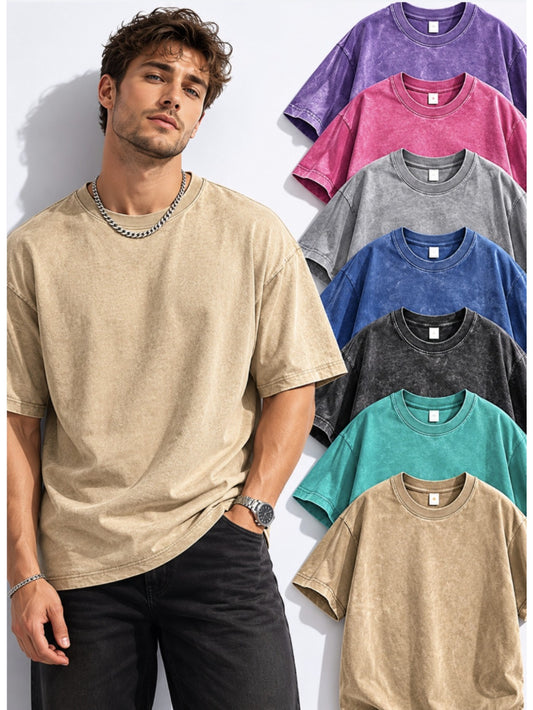 Men's Plus Size 0-5XL Oversized Vintage Washed T-Shirt - Solid Color Crew Neck Short Sleeve, Loose Fit American Streetwear Basic Casual Top, Machine Washable Suitable for Year-Round Wear & Layering, Male Wardrobe, PLUS SIZE