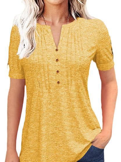 Casual Short-Sleeve T-Shirt for Women, Featuring a Pleated Design And V-Neck in Solid Colors, Perfect for Summer