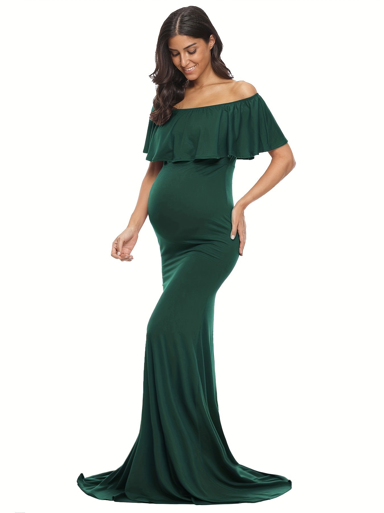 Womens Off Shoulder Maternity Dress Ruffles Elegant Slim Gowns Fit Maxi Photography Dress