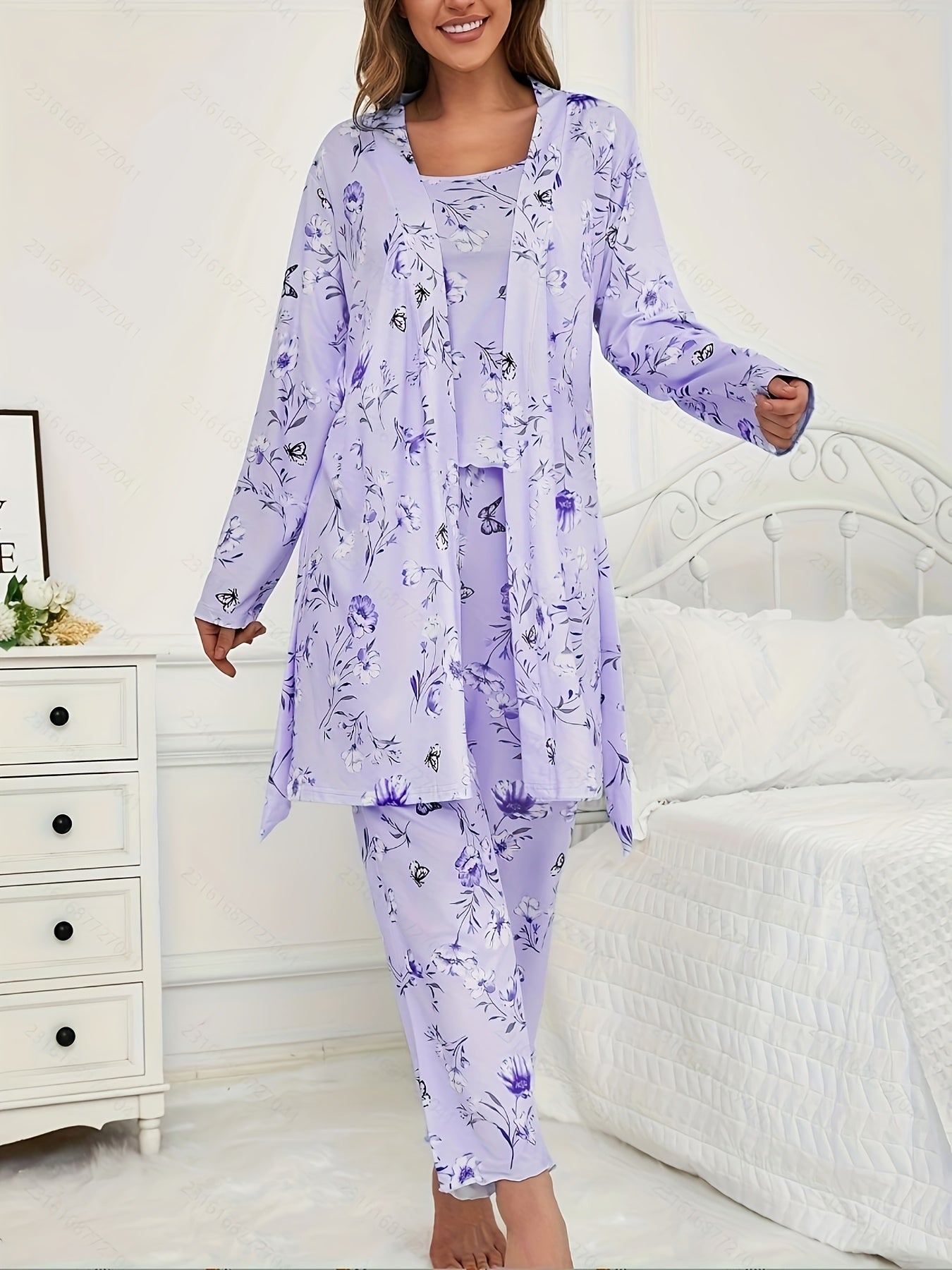 3pcs Floral And Butterfly Print Pajama Set - Long Sleeve Belted Robe & Cami Top & Pants Lounge For All Seasons