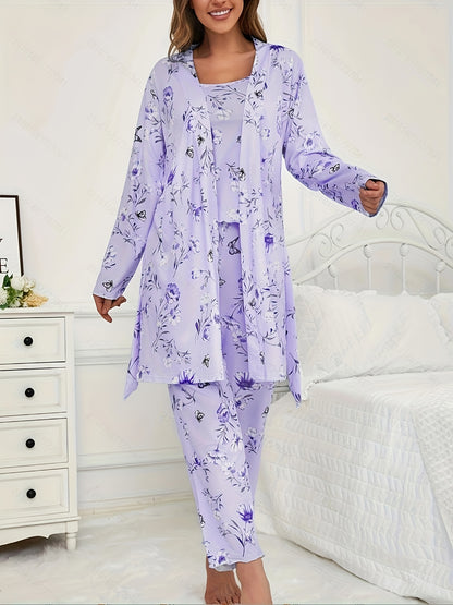 3pcs Floral And Butterfly Print Pajama Set - Long Sleeve Belted Robe & Cami Top & Pants Lounge For All Seasons