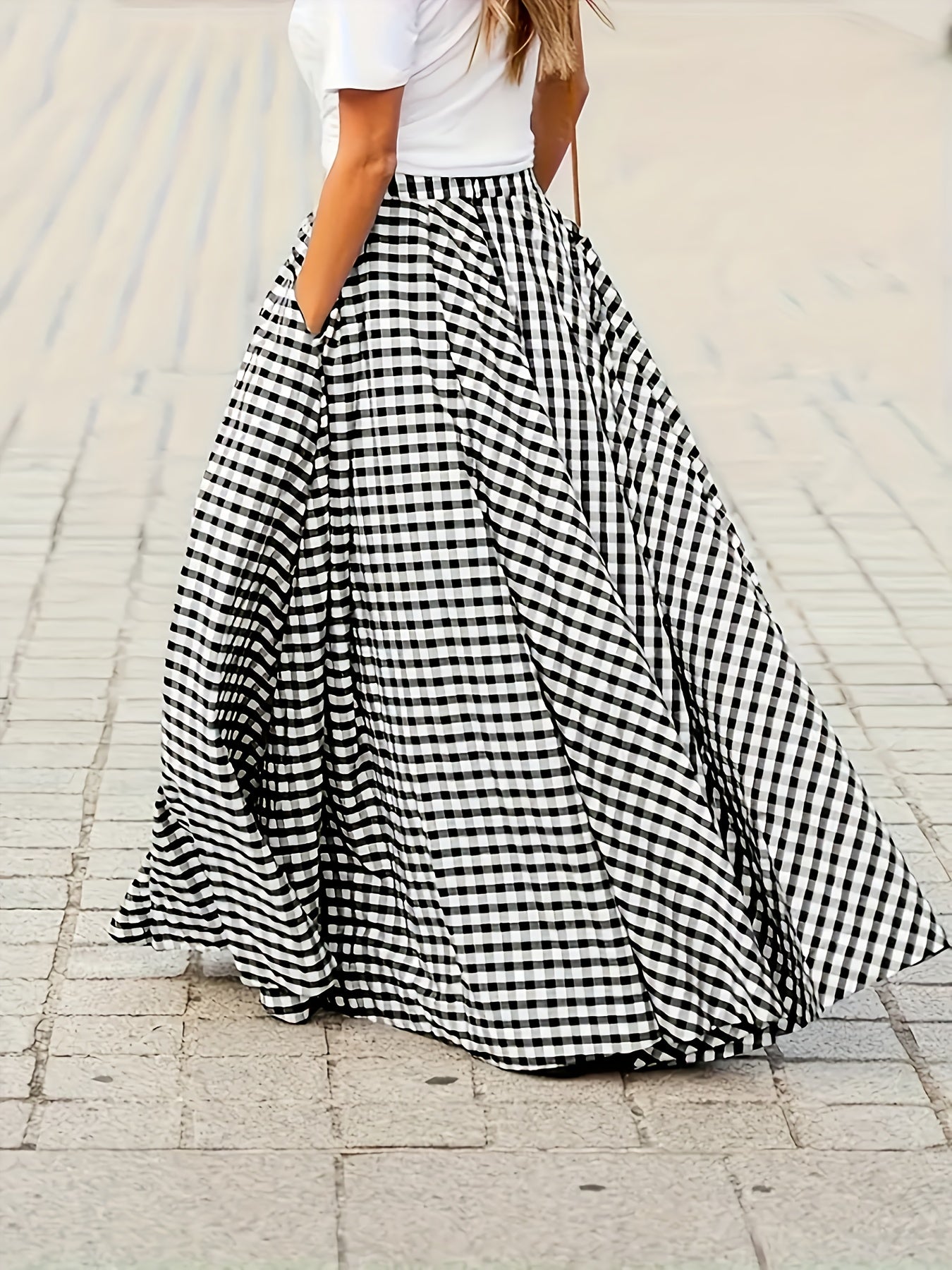 Women'S Elegant Checkered Mid-Length Skirt - High Waist, Flowing A-Line Silhouette, Opaque, Ideal for Spring And Autumn Seasons, Versatile Mid-Length Skirt | Elegant A-Line Skirt | Fashionable Texture