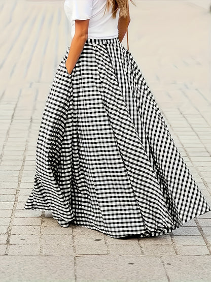 Women'S Elegant Checkered Mid-Length Skirt - High Waist, Flowing A-Line Silhouette, Opaque, Ideal for Spring And Autumn Seasons, Versatile Mid-Length Skirt | Elegant A-Line Skirt | Fashionable Texture