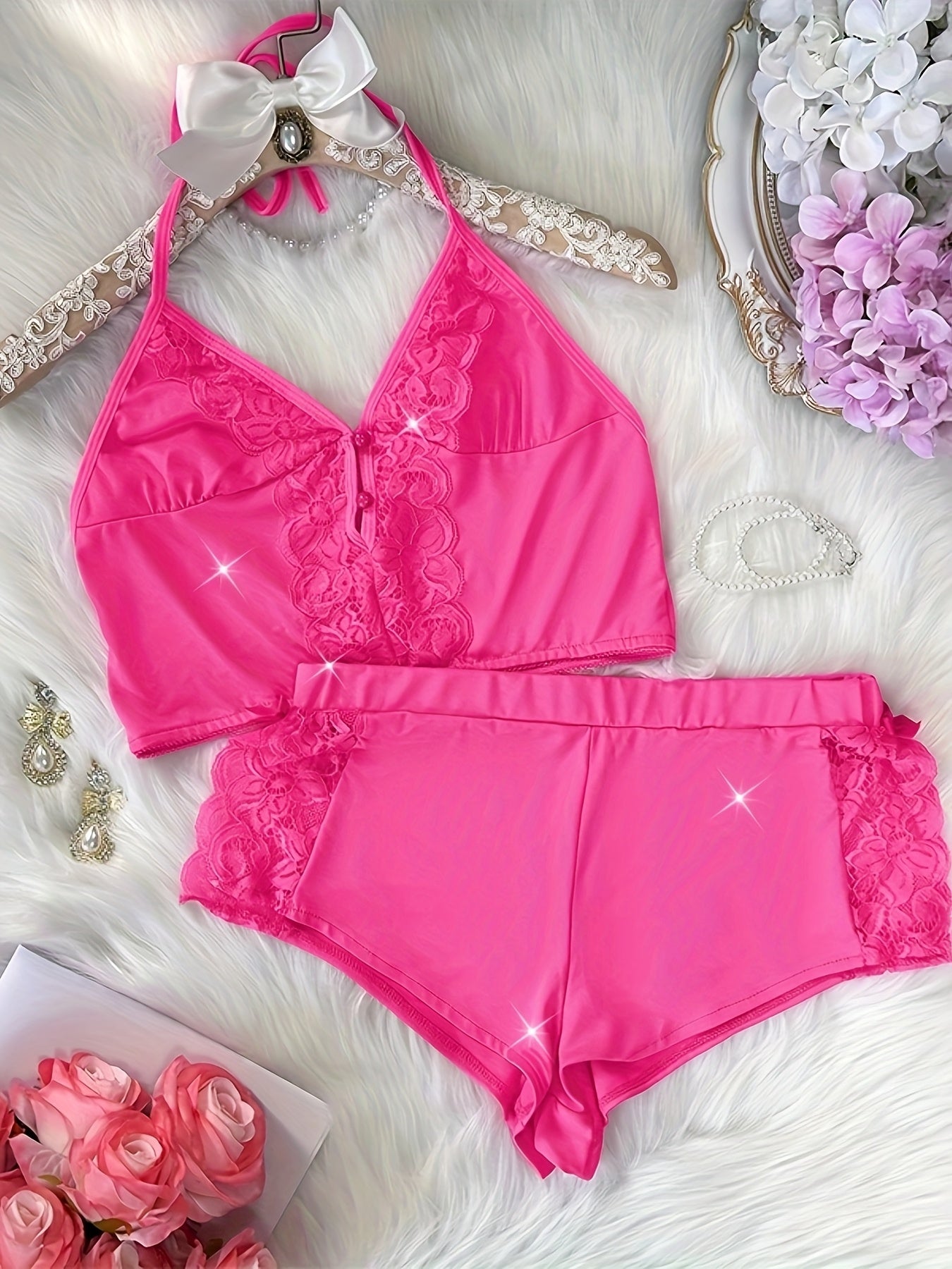 Spring/Summer New Gift Set: Solid Color Lace Trim Halter Neck Tie-Back Button-Up Open-Back Lace Trim Soft Skin-Friendly Sexy Home Sleepwear Set
