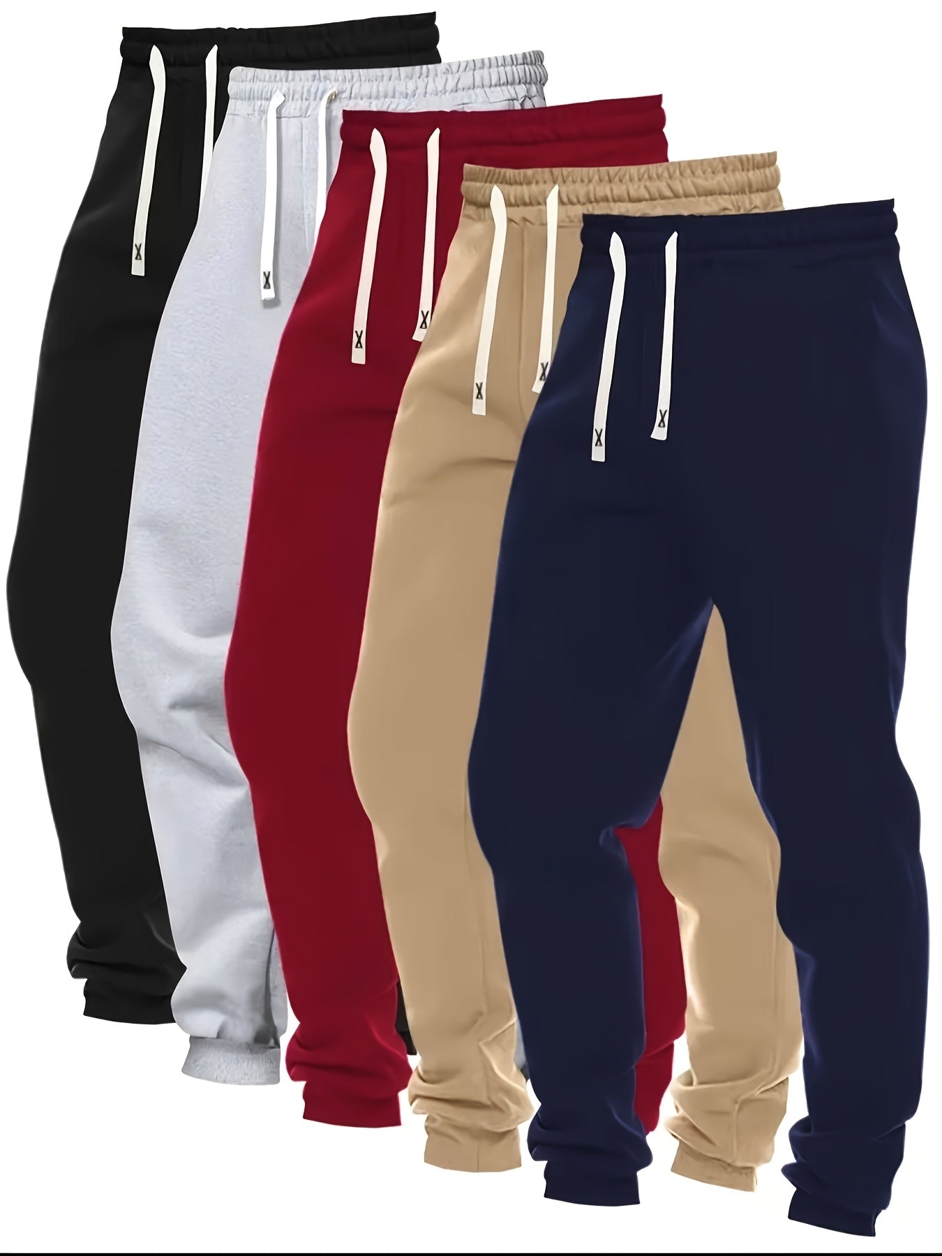 5pcs Men's Casual Sweatpants, Polyester Knit Fabric, Cotton Solid Color, Regular Fit with Pockets, Elastic Waist Drawstring Joggers Ideal Gift, Loose Waist, Spring Clothes, Summer Clothes, Valentine's Day Gifts, Easter Gifts, Discounted