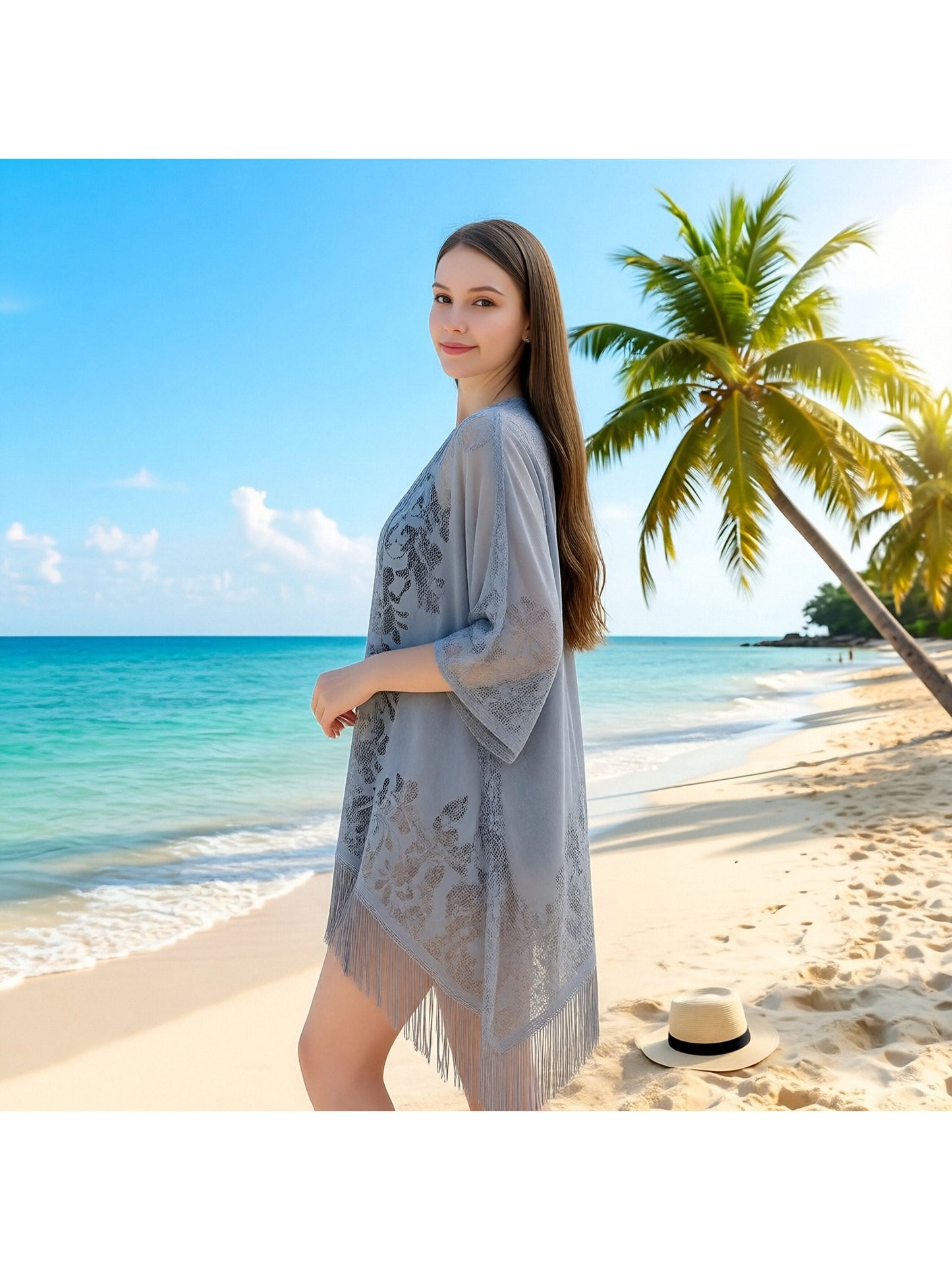 Woman's Plus Size Boho Cover Up, Lace Kimono, Women's Plus Floral Lace Batwing Sleeve Cover-Up, Open Front Tassel Trim Kimono, Lightweight Beach Cover Up