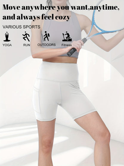 1pc Women's High-Waisted Yoga Shorts with Tummy Control & Pockets - Breathable Workout Gym Shorts, Tight-Fitting Low-Rise Athletic Pants for Summer, Gymnastics, Training (Black/Grey/Navy/Pink/ Brown) - Non-See-Through Quick-Dry