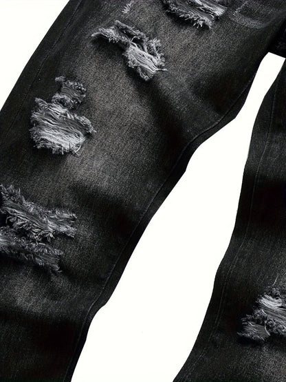 Men's Straight Leg Jeans - Black Denim Distressed