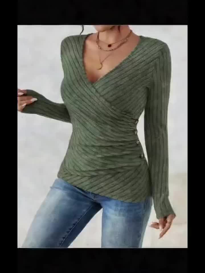 Women's Elegant V-Neck Button-Front Placket T-Shirt - Solid Color Long Sleeve Blouse, Medium-Stretch Machine-Washable Top for Spring/Autumn Layering, Casual & Semi-Formal Wear (Non-)