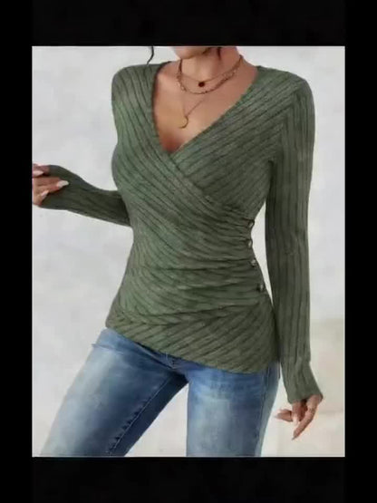 Women's Elegant V-Neck Button-Front Placket T-Shirt - Solid Color Long Sleeve Blouse, Medium-Stretch Machine-Washable Top for Spring/Autumn Layering, Casual & Semi-Formal Wear (Non-)