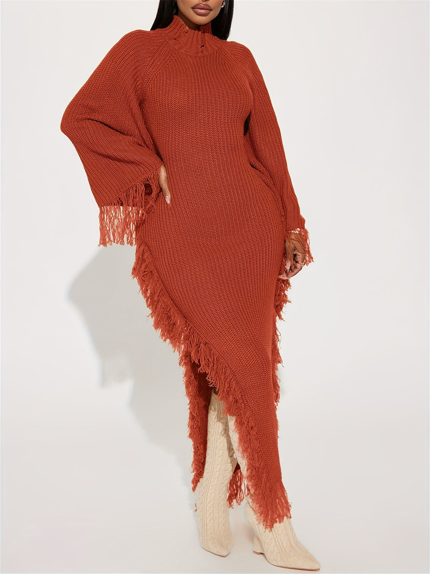 Gifts for Her, Fringe Trim Sweater Dress for Women, Batwing Long Sleeve High Neck Maxi Dress with Asymmetrical Hem, Sexy And Chic Style, for Fall Winter