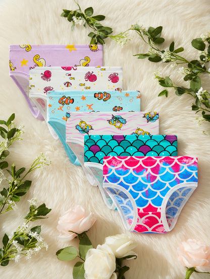 6-Pc Girls' Triangle Comfortable Breathable Underwear with Mermaid, Seahorse, Octopus And Other Marine Elements
