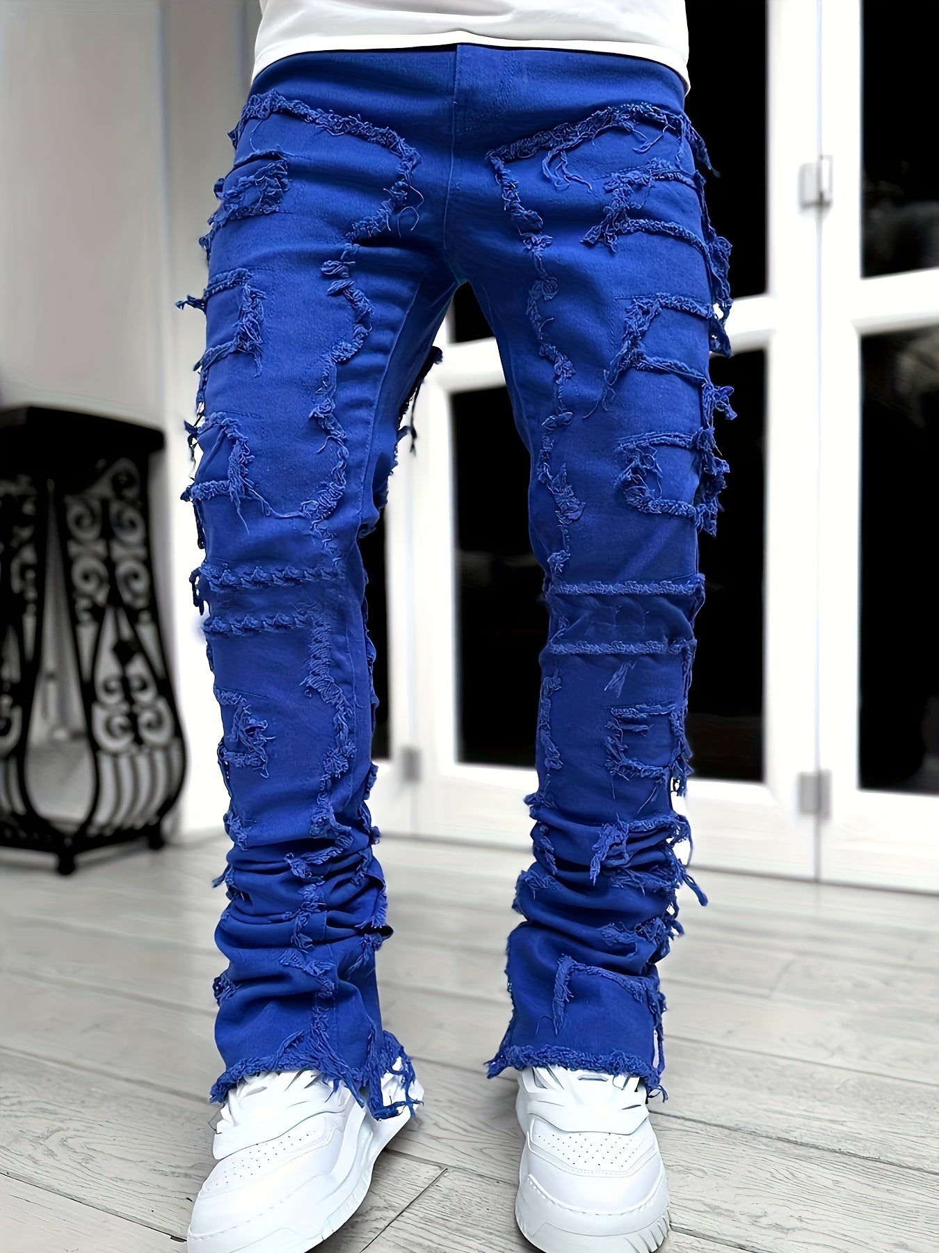 Men's Creative Tassel Decor Straight Fit Jeans, Men's Casual Mid-Rise Elastic Street Style Hip-Hop Skate Rap Jeans for All Seasons