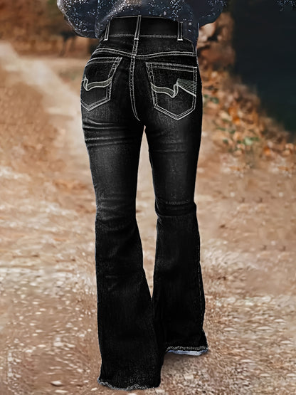 Women'S Denim Trousers Featuring Black Irregular Graphic Embroidery, a Spacious Back Pocket, High Waist, Flared Design, Durable Contrasting Color Wash, And Cat Whiskers, Embodying a Sophisticated Retro Aesthetic