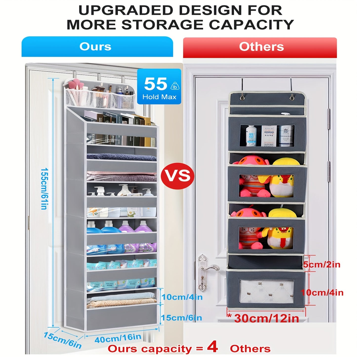 Over Door Hanging Organizer, No Tilt Closet Organizer for Diaper Kids Shoes Over Door Storage Organizer with 6 Large Capacity Pockets for Essentials Nursery Bedroom Bathroom