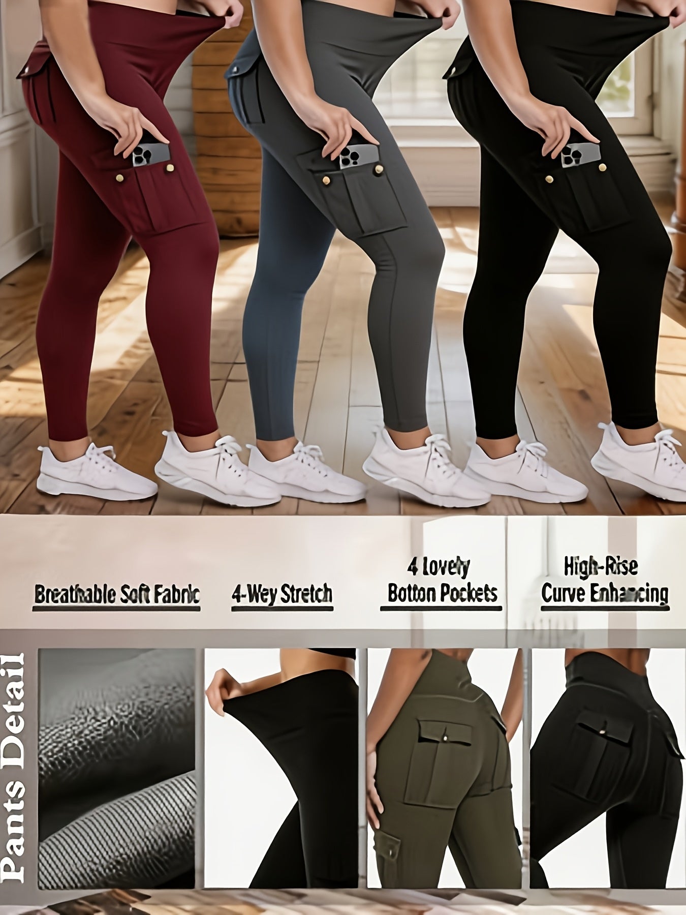 3-Pack High Waisted Cargo Yoga Pants With Slide Pockets - Tummy Control, 4 Pockets, Breathable 4-Way Stretch, Moisture Wicking, Perfect For Running, Gym & Yoga Lovers